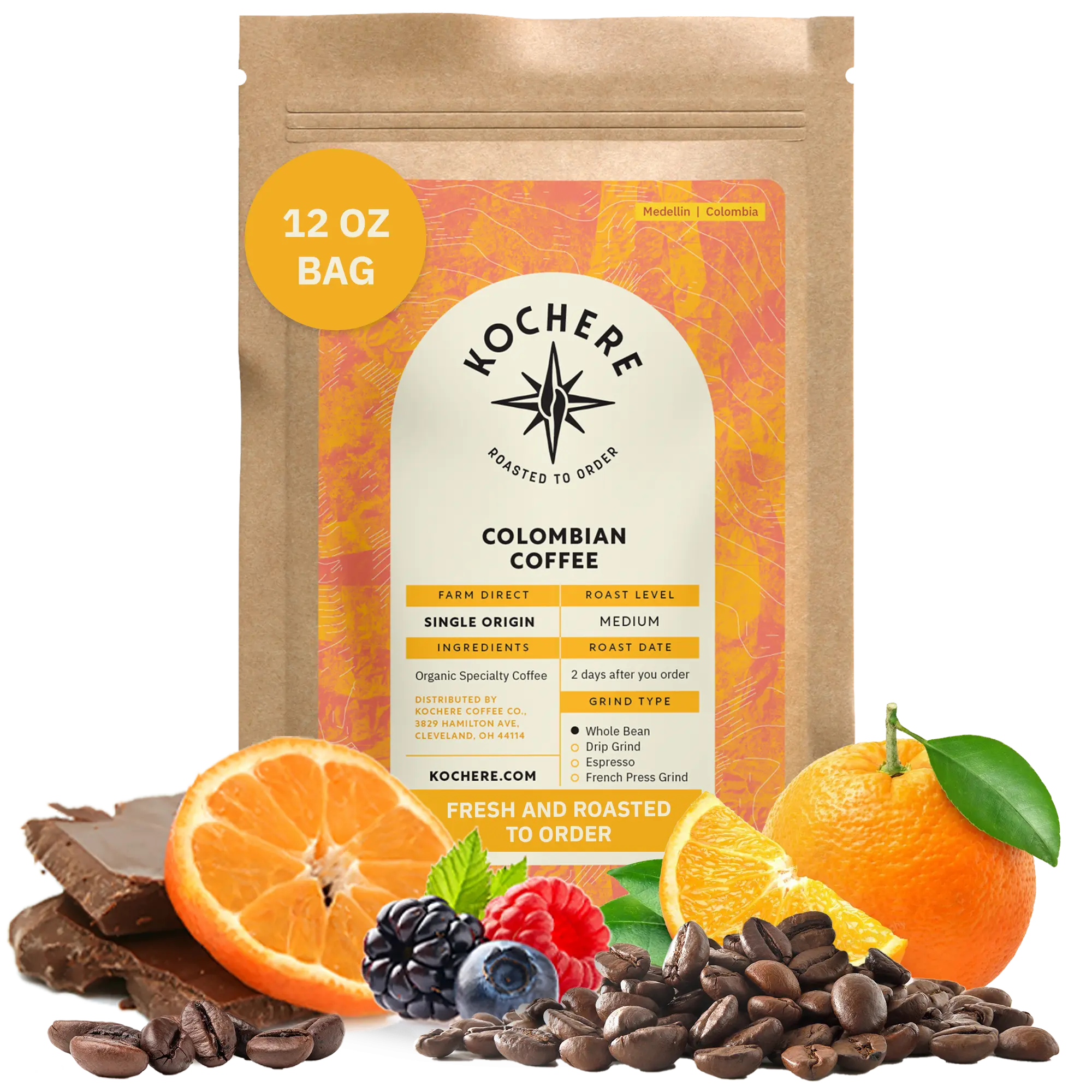 Kochere Coffee Colombian Medellin Single Origin Medium Roast - Dried Orange, Berry Notes