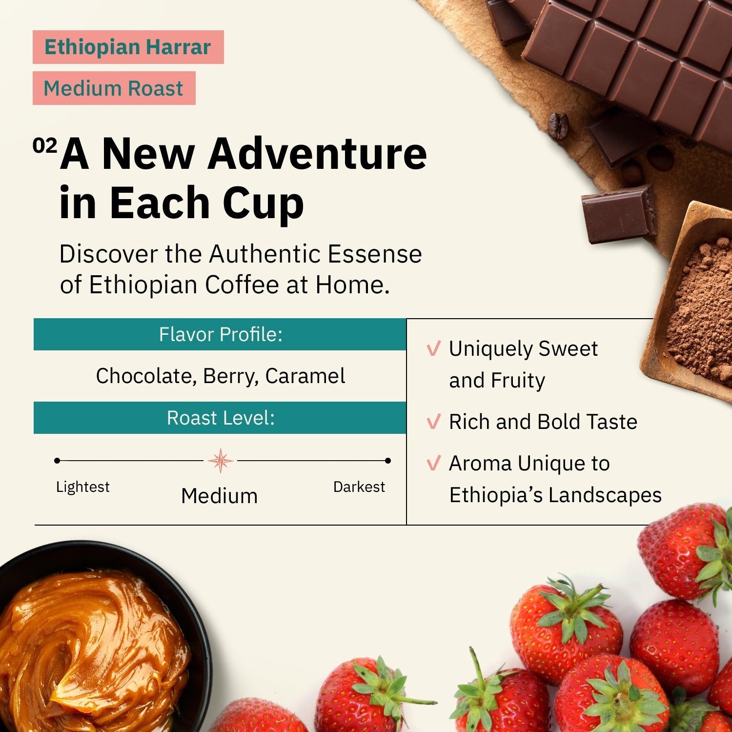 Kochere Coffee Ethiopian Harrar Natural Medium Roast - Fruity, Blueberry, Dark Chocolate Notes