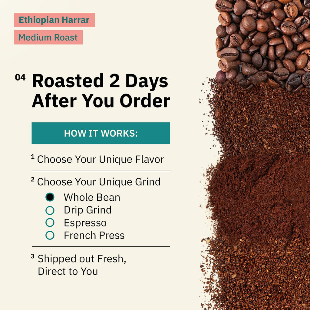 Kochere Coffee Ethiopian Harrar Natural Medium Roast - Fruity, Blueberry, Dark Chocolate Notes