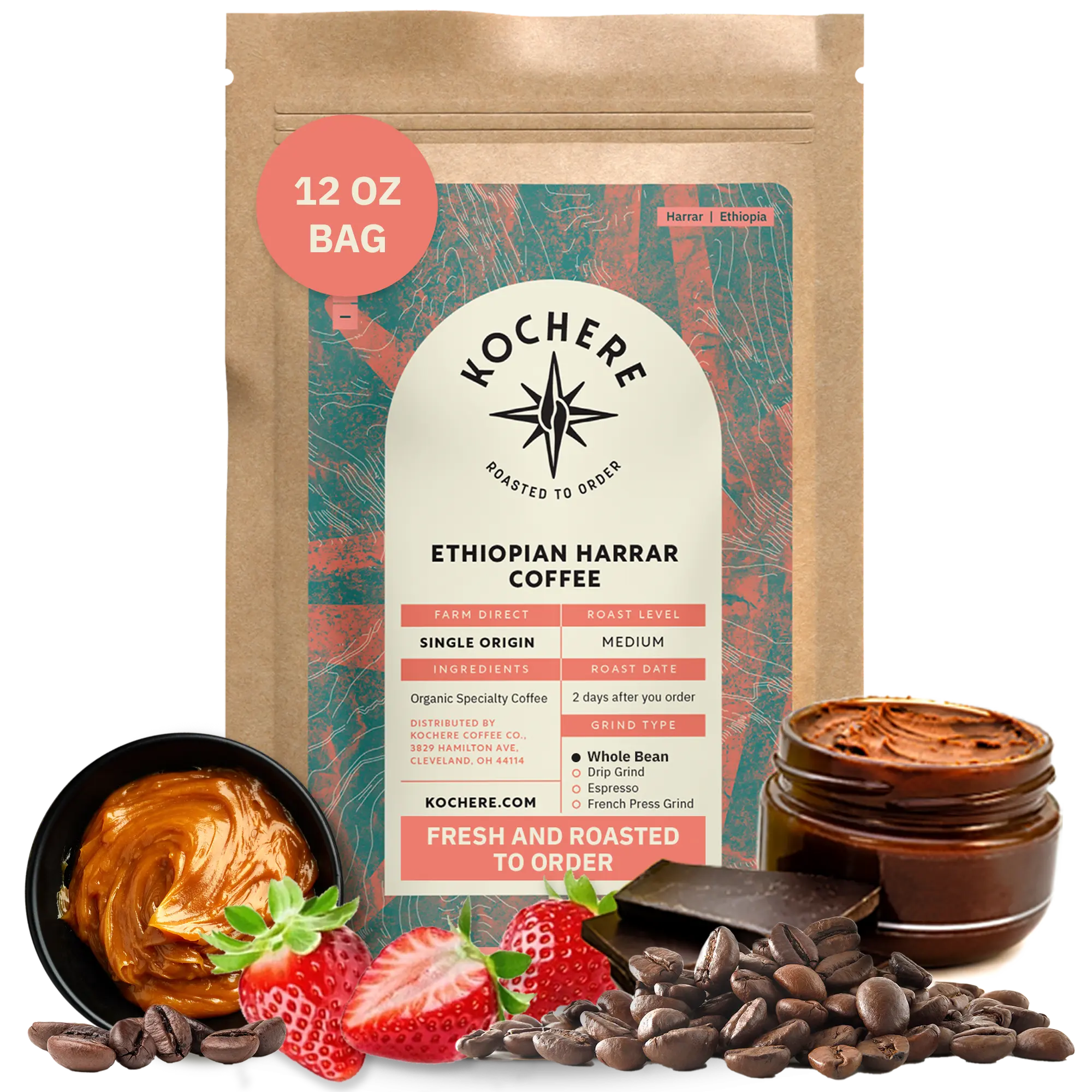Kochere Coffee Ethiopian Harrar Natural Medium Roast - Fruity, Blueberry, Dark Chocolate Notes