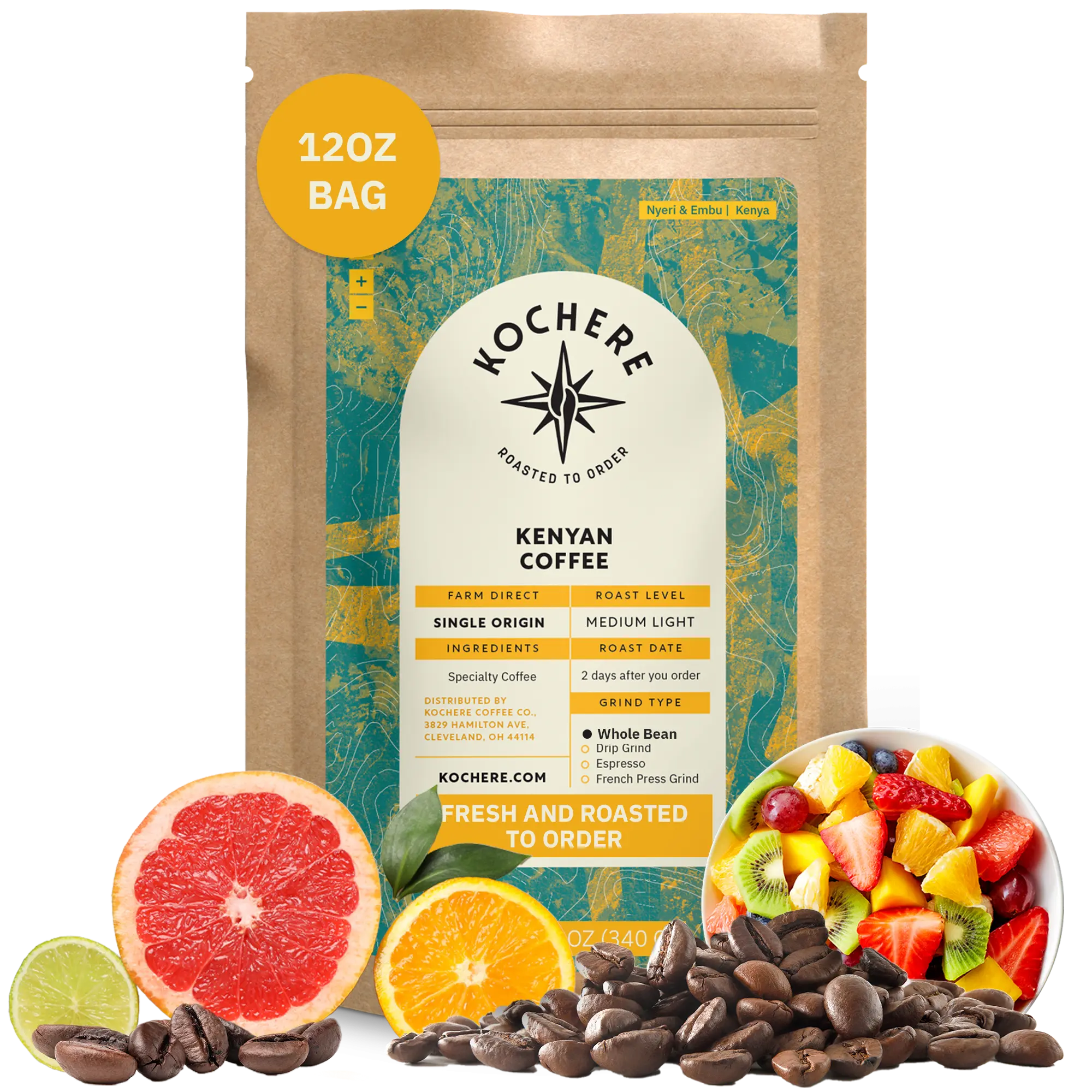 Kochere Coffee Kenyan Nyeri Embu AB Medium-Light Roast - Lemon, Blackberry Notes